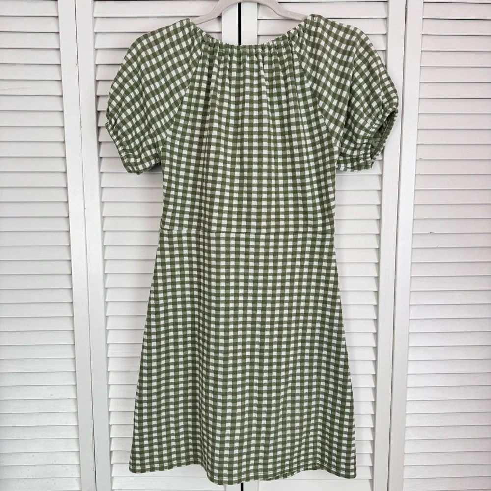 Madewell Puff-Sleeve Jacquard Mini Dress in Gingham Check Green Size XS - Picture 7 of 10